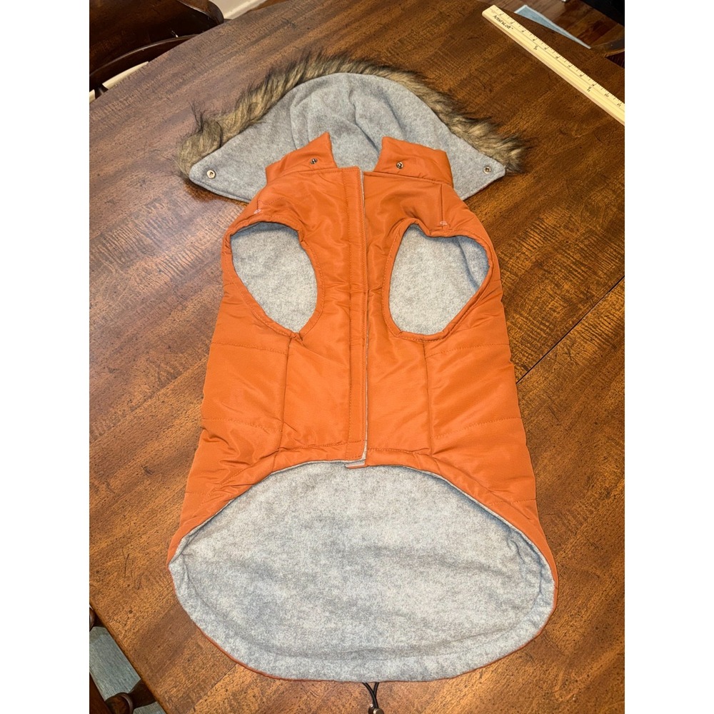 SKYR XL Dog Winter Coat Orange Puffer Faux Fur Hood Fleece Lined Jacket